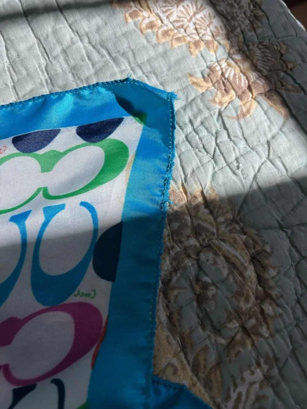 Vintage Coach Turquoise-Edged Multicolor Logo Silk Scarf - Picture 4 of 7